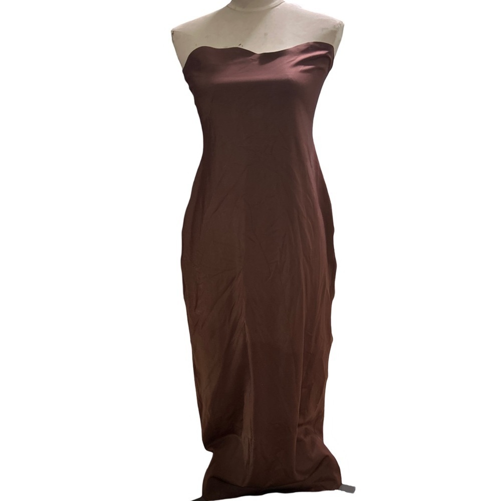 Zara Womens Satin Strapless Slip Dress SZ XL Brown Midi Maxi Gown Slit Tube Top - Picture 3 of 8